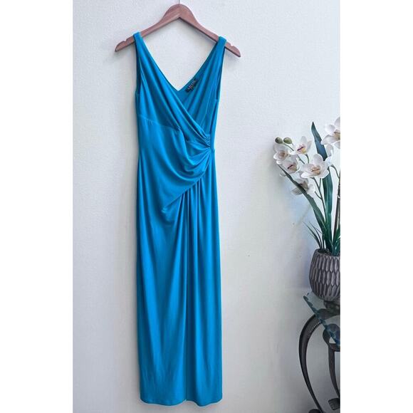 Lauren Ralph Lauren Turquoise V-Neck Drape Ruched Formal Cocktail Midi Dress 4 - Picture 1 of 8